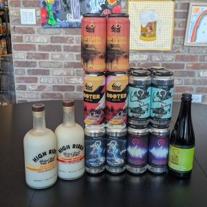 Selection of Equilibrium Brewery Grayslake cans and Drink Highrider THC elixirs at Beer Bazaar.